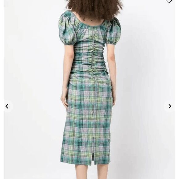 NWT GANNI Checked Seersucker Midi Dress in Lagoon Green Purple Size Small (36) - Picture 2 of 16